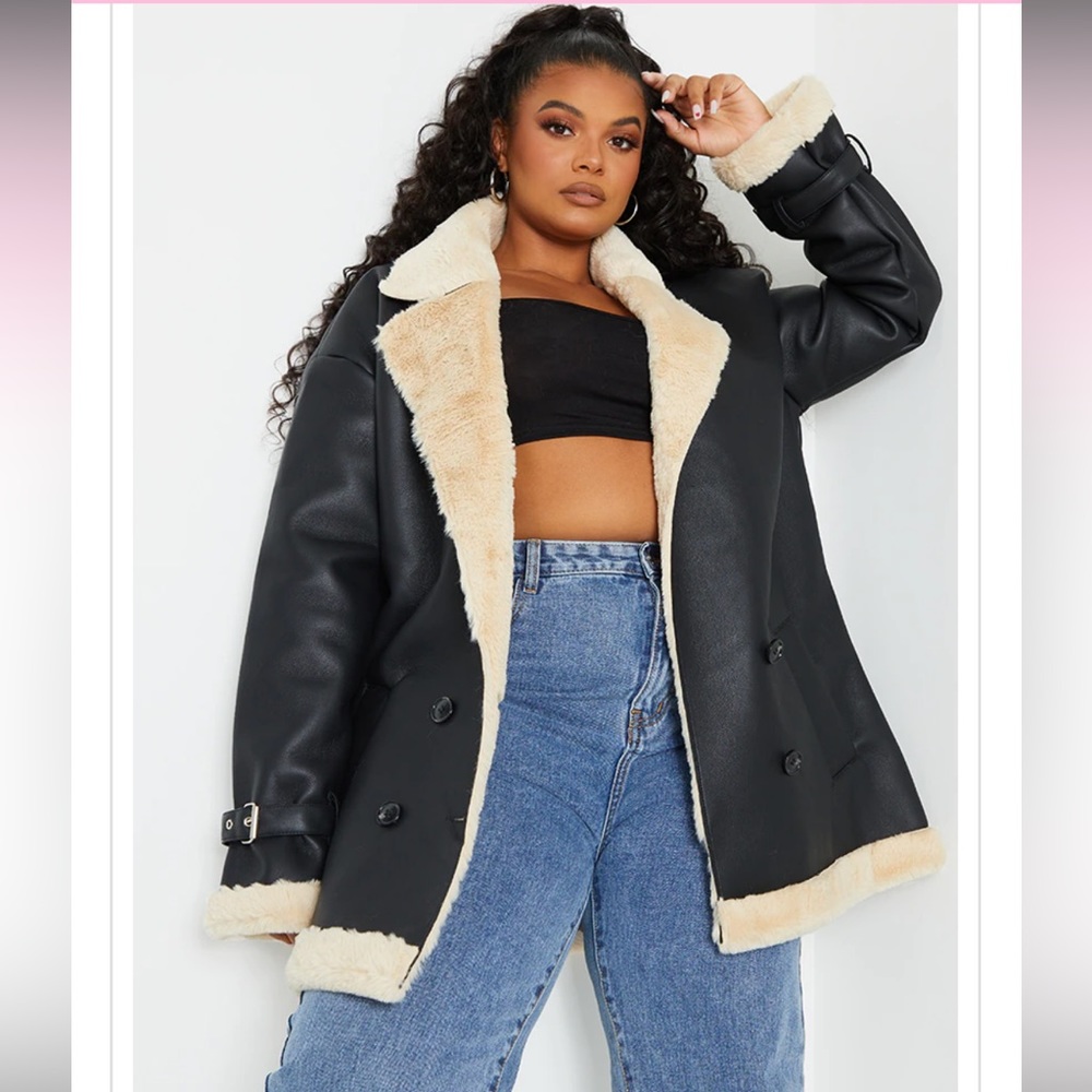 Pretty little thing plus black pu faux fur trim vintage style coat size  24